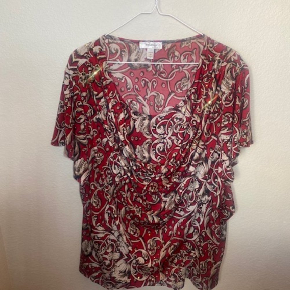 3x Dress Barn Blouse Red Blouse with white and tan design